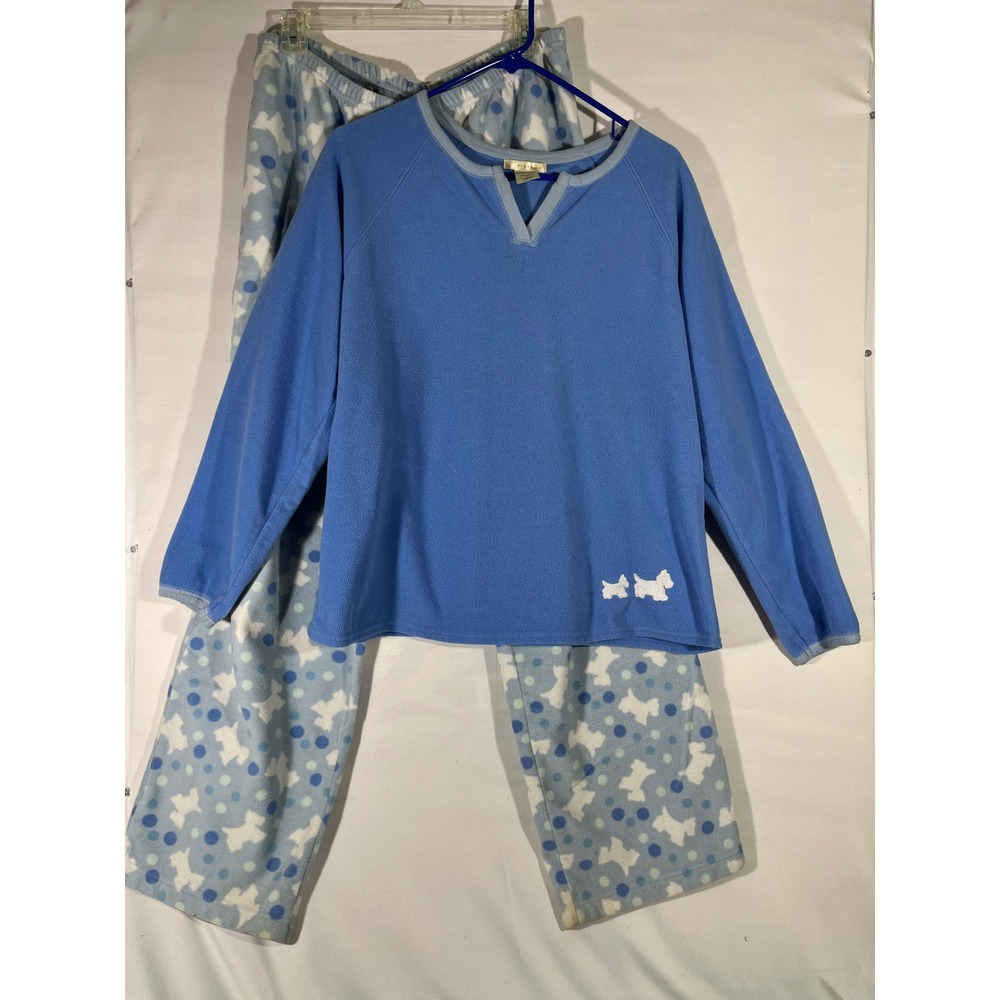 VS‎ Pink K Fleece Scottie Dog Polka Dot PJ Set Women L Blue Long Sleeve Cozy